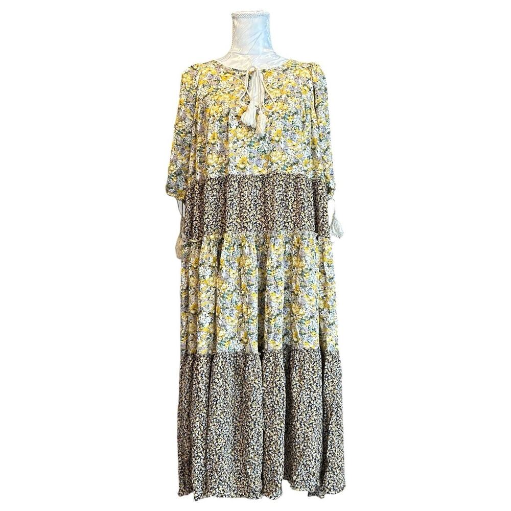 Yellow Floral Tiered Maxi Dress Tie Neck Medium Romantic Prairie Boho